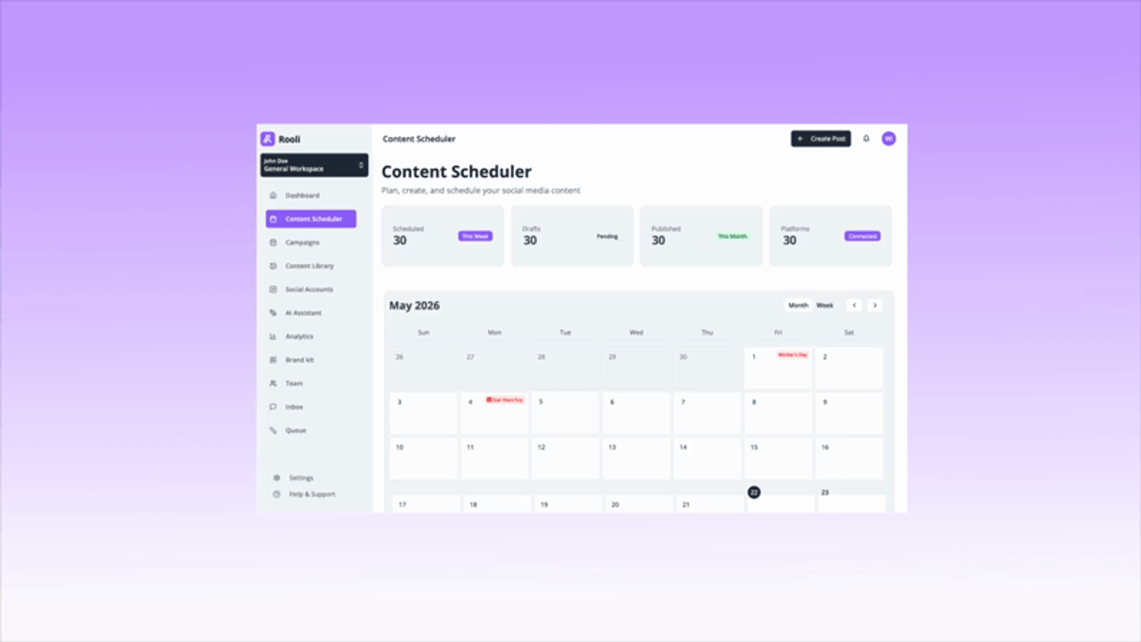 The Rooli content scheduler with its May 2026 calendar.
