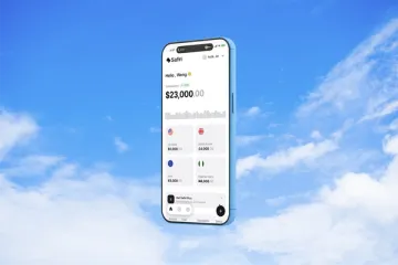 The Safiri app showing a $23,000 balance, floating against a blue sky.