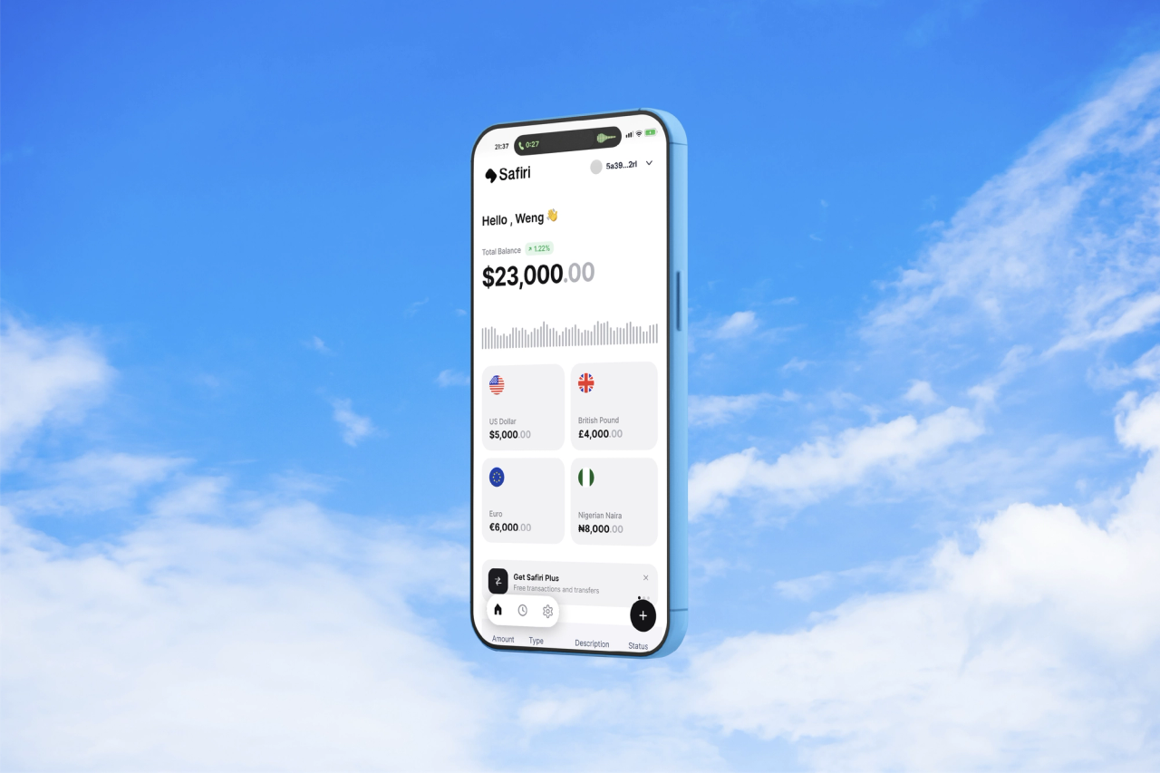 The Safiri app showing a $23,000 balance, floating against a blue sky.