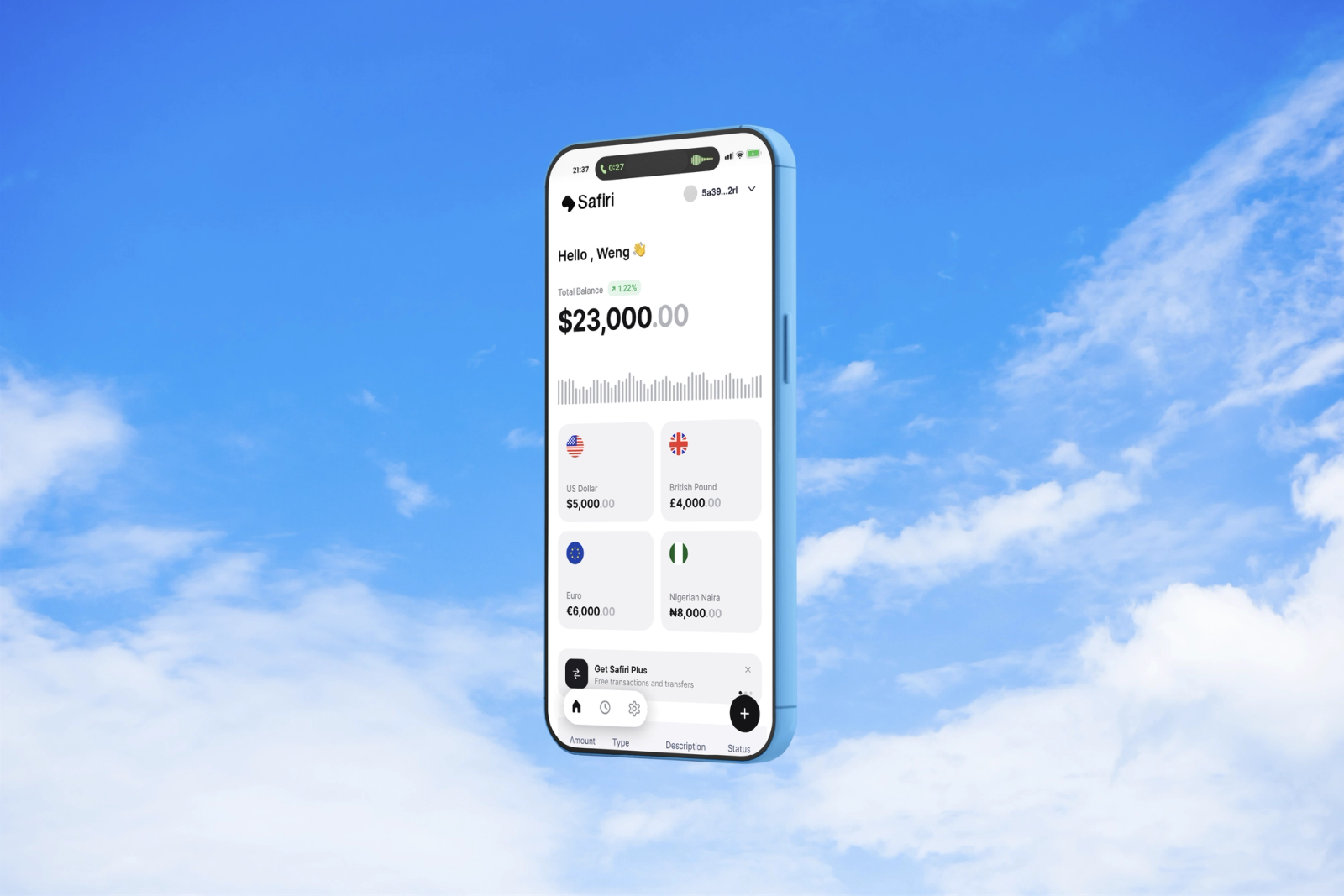 The Safiri app showing a $23,000 balance, floating against a blue sky.