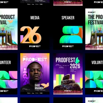 The festival poster series: Media, Speaker, Volunteer, The Product Festival, and a speaker card for Dave Nnamdi.
