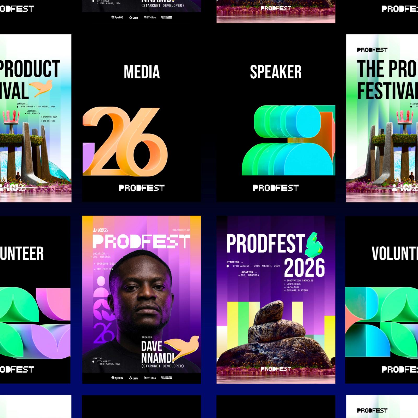 The festival poster series: Media, Speaker, Volunteer, The Product Festival, and a speaker card for Dave Nnamdi.