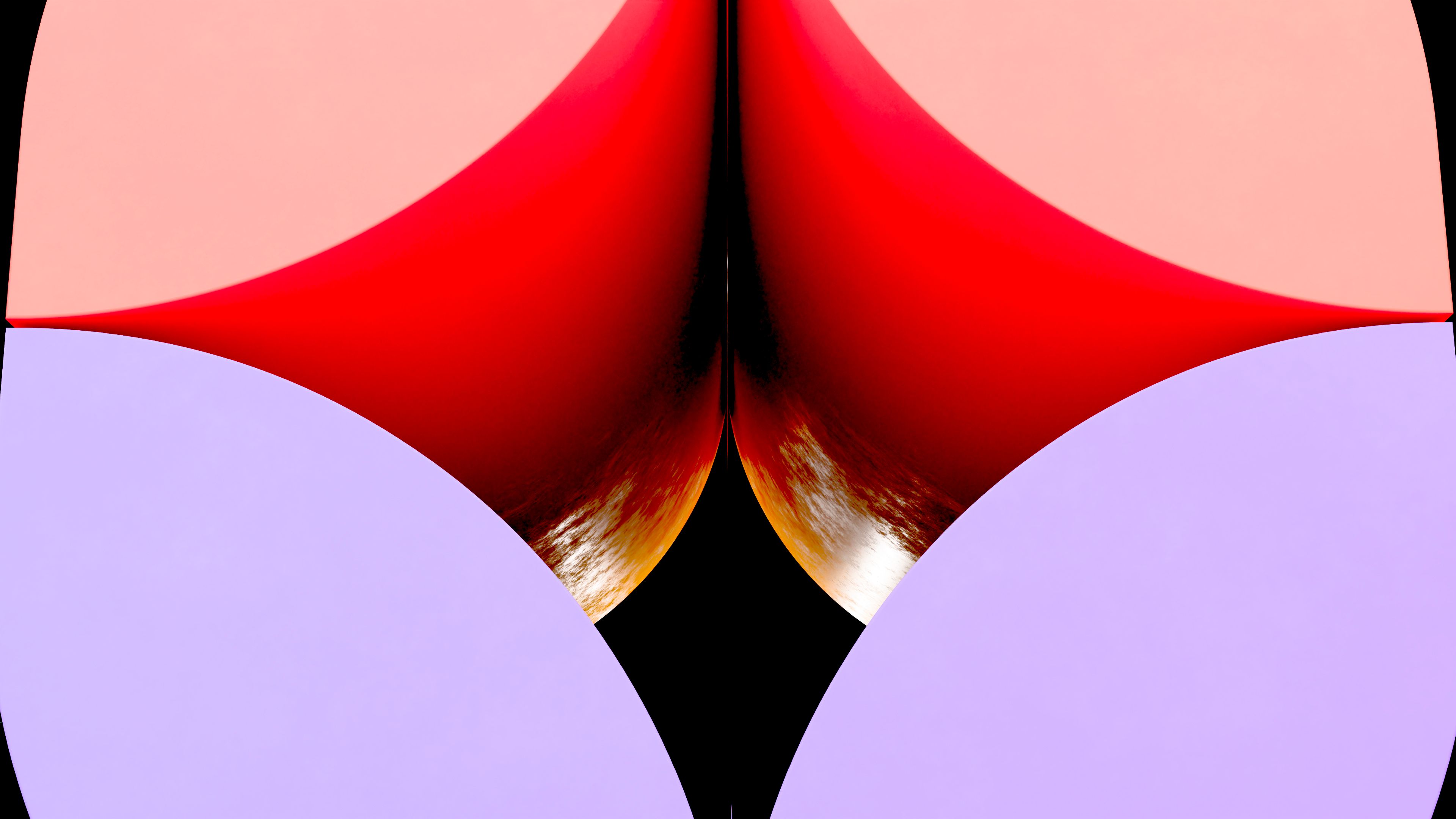 Abstract frame — red and lilac curves closing on a bright core.