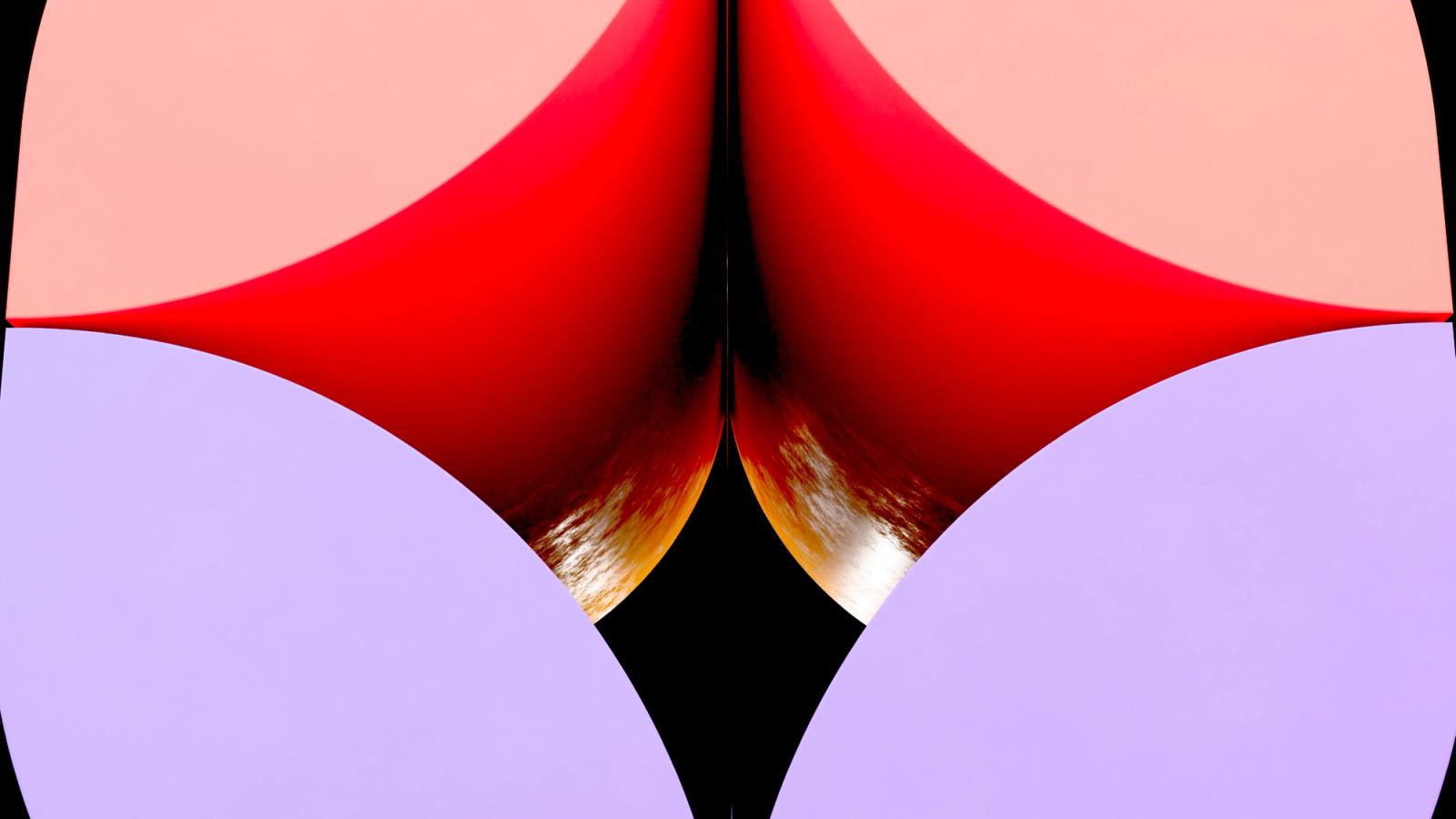 Abstract frame — red and lilac curves closing on a bright core.