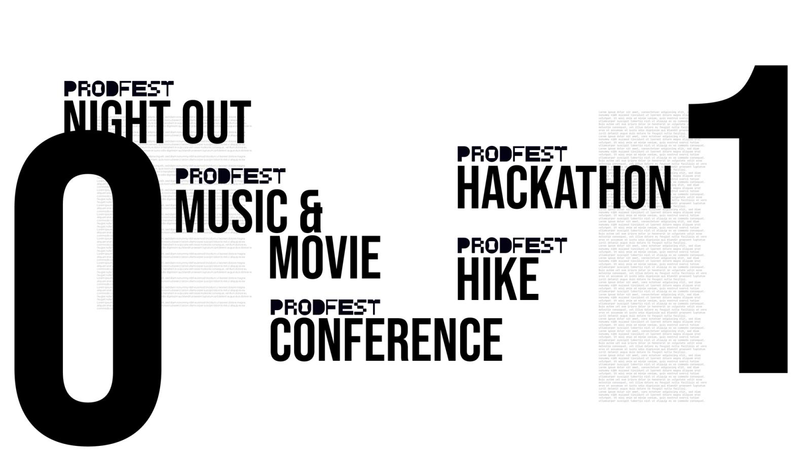 Film frame listing the festival strands: Night Out, Music & Movie, Conference, Hackathon and Hike.
