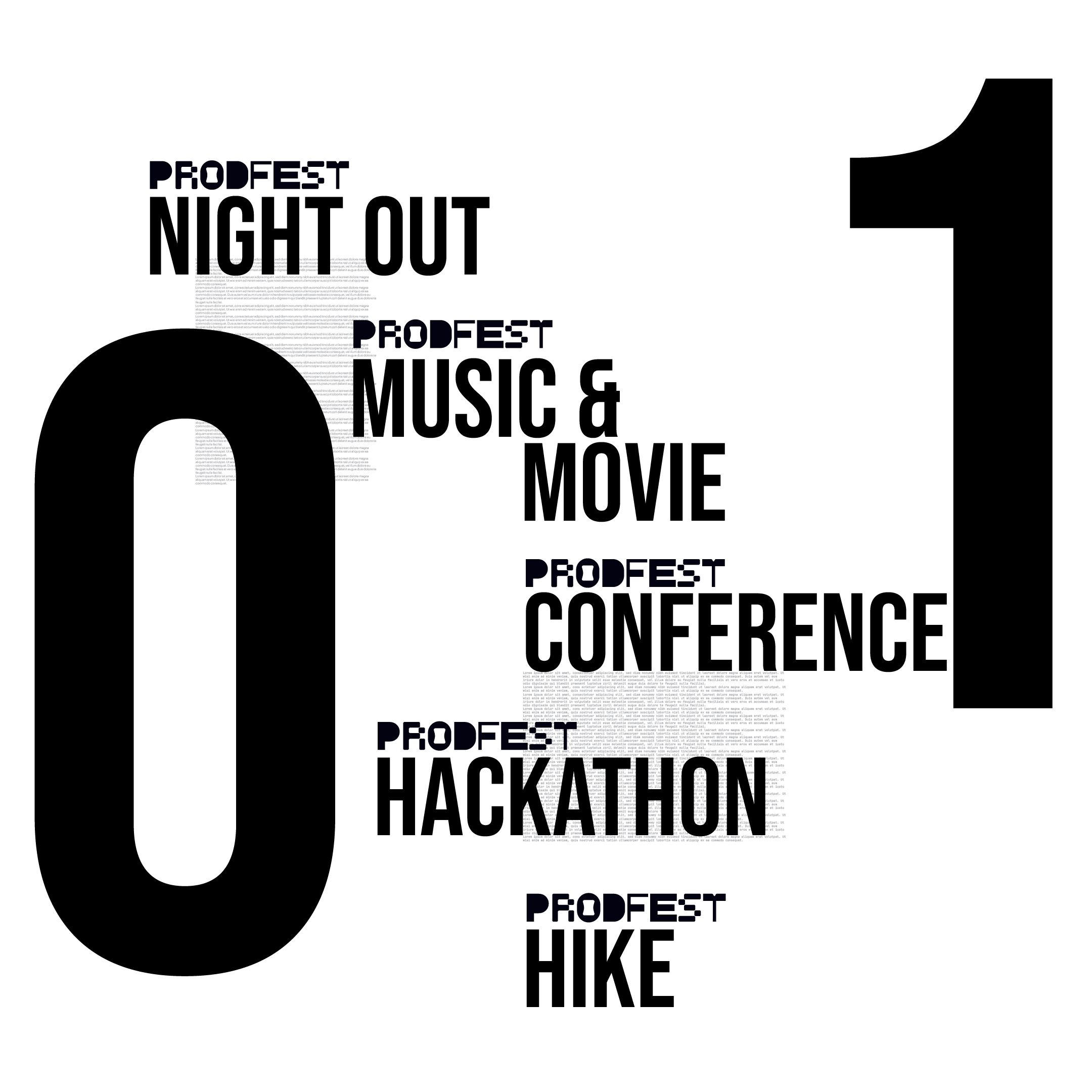 The festival's five strands — Night Out, Music & Movie, Conference, Hackathon and Hike — listed against a large numeral 01.