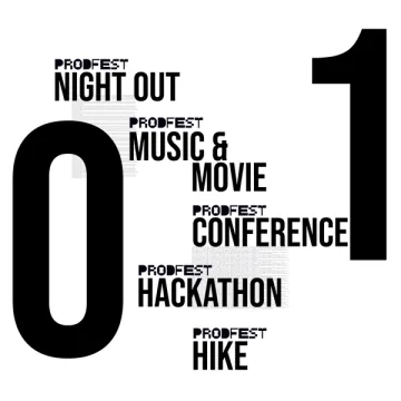 The festival's five strands — Night Out, Music & Movie, Conference, Hackathon and Hike — listed against a large numeral 01.
