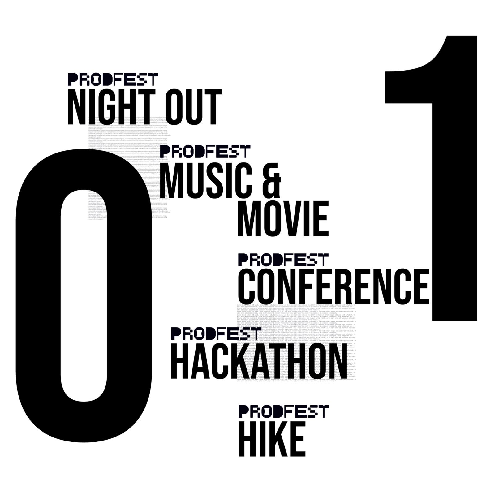 The festival's five strands — Night Out, Music & Movie, Conference, Hackathon and Hike — listed against a large numeral 01.