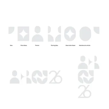 The icon system built from quarter-circles and leaf shapes, captioned Idea, More ideas, Person, Sharing idea, Ideas take shape and Ideas become whole, with the resulting lockups below.