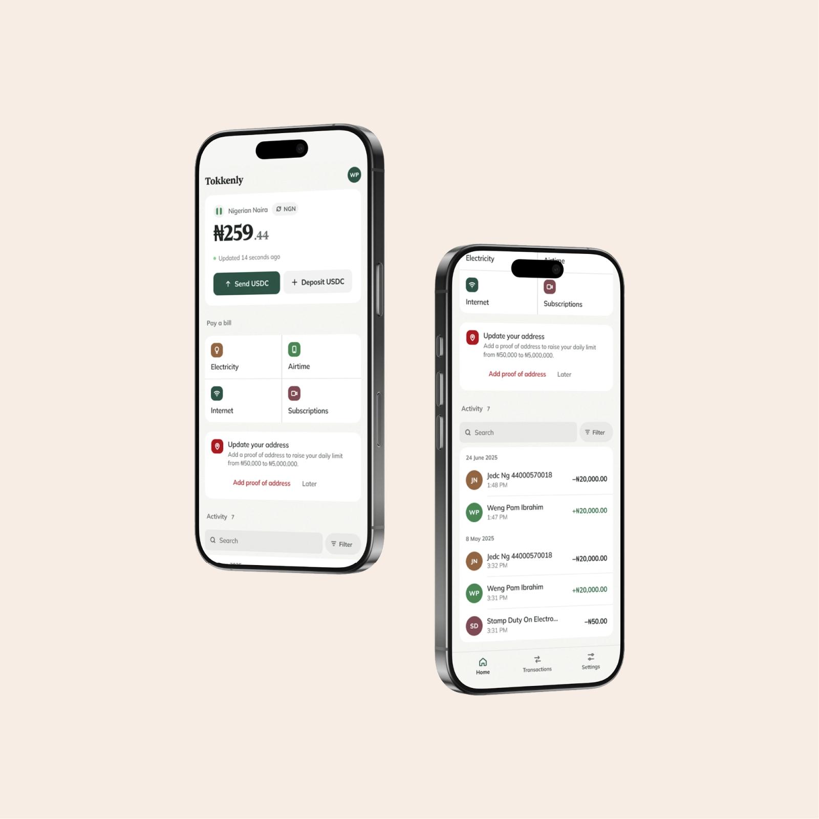 Two phones showing the naira wallet balance and the subscriptions and activity list.