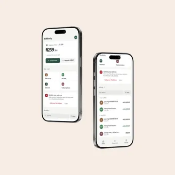 Two phones showing the naira wallet balance and the subscriptions and activity list.