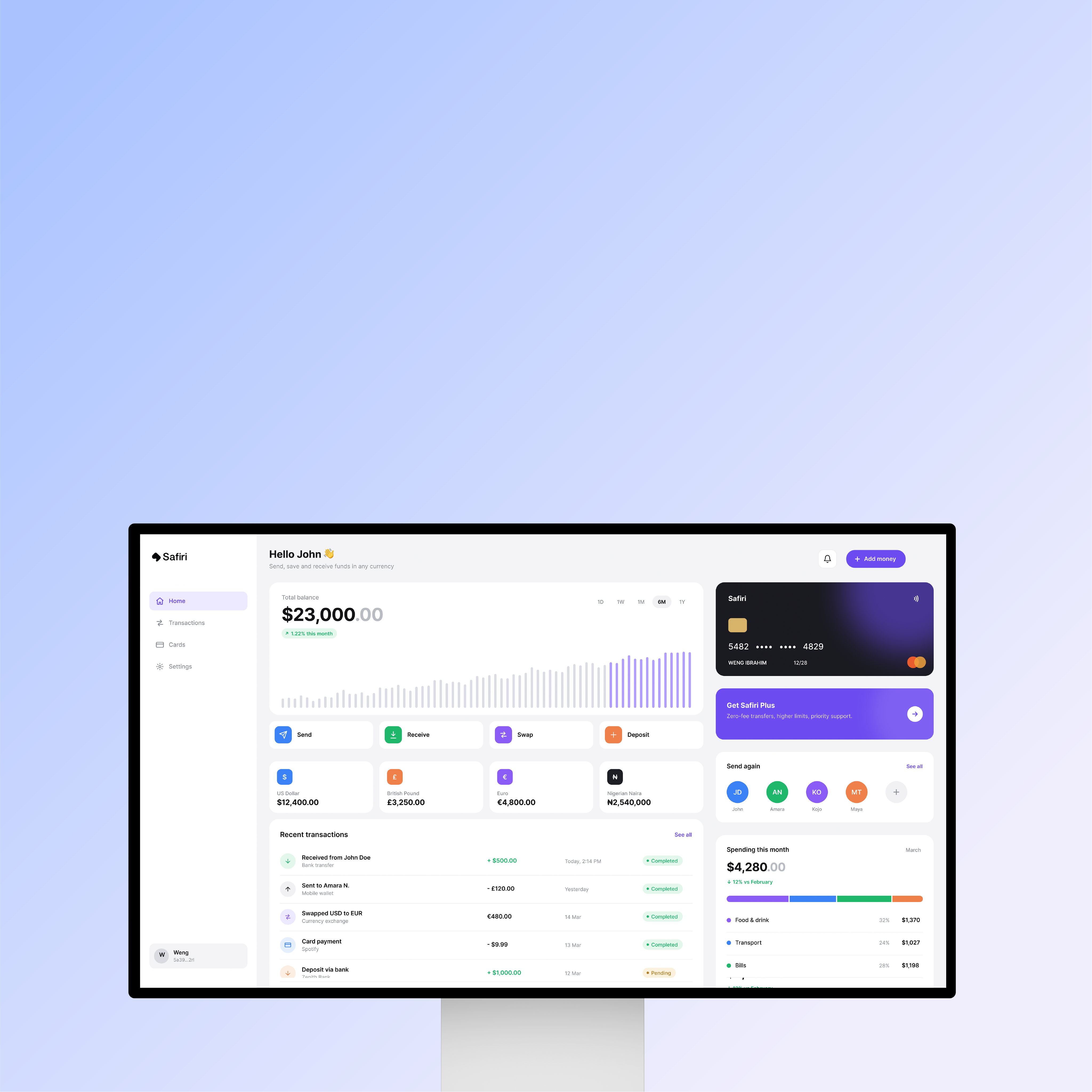 The Safiri dashboard on a monitor — balance, chart and recent transactions.