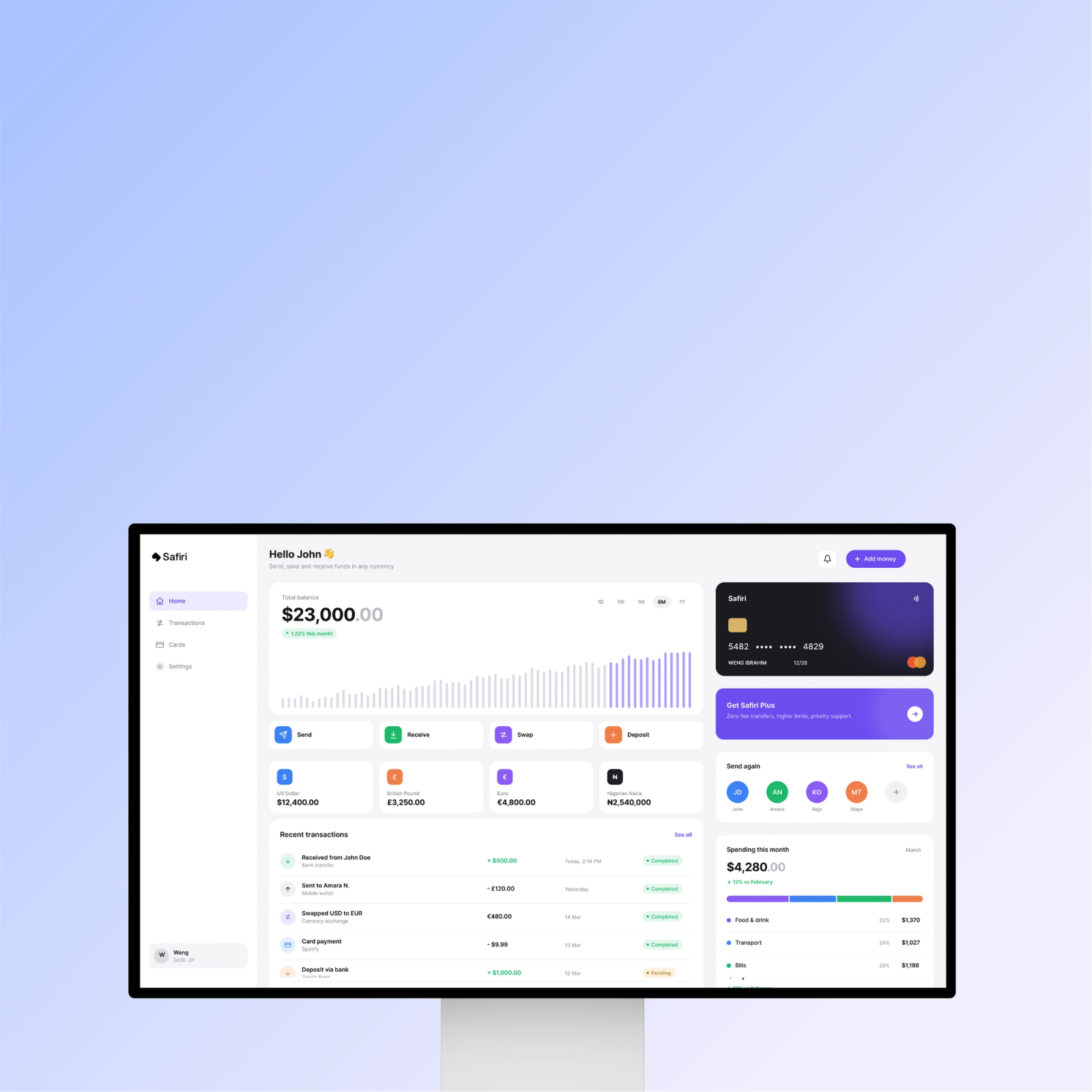 The Safiri dashboard on a monitor — balance, chart and recent transactions.
