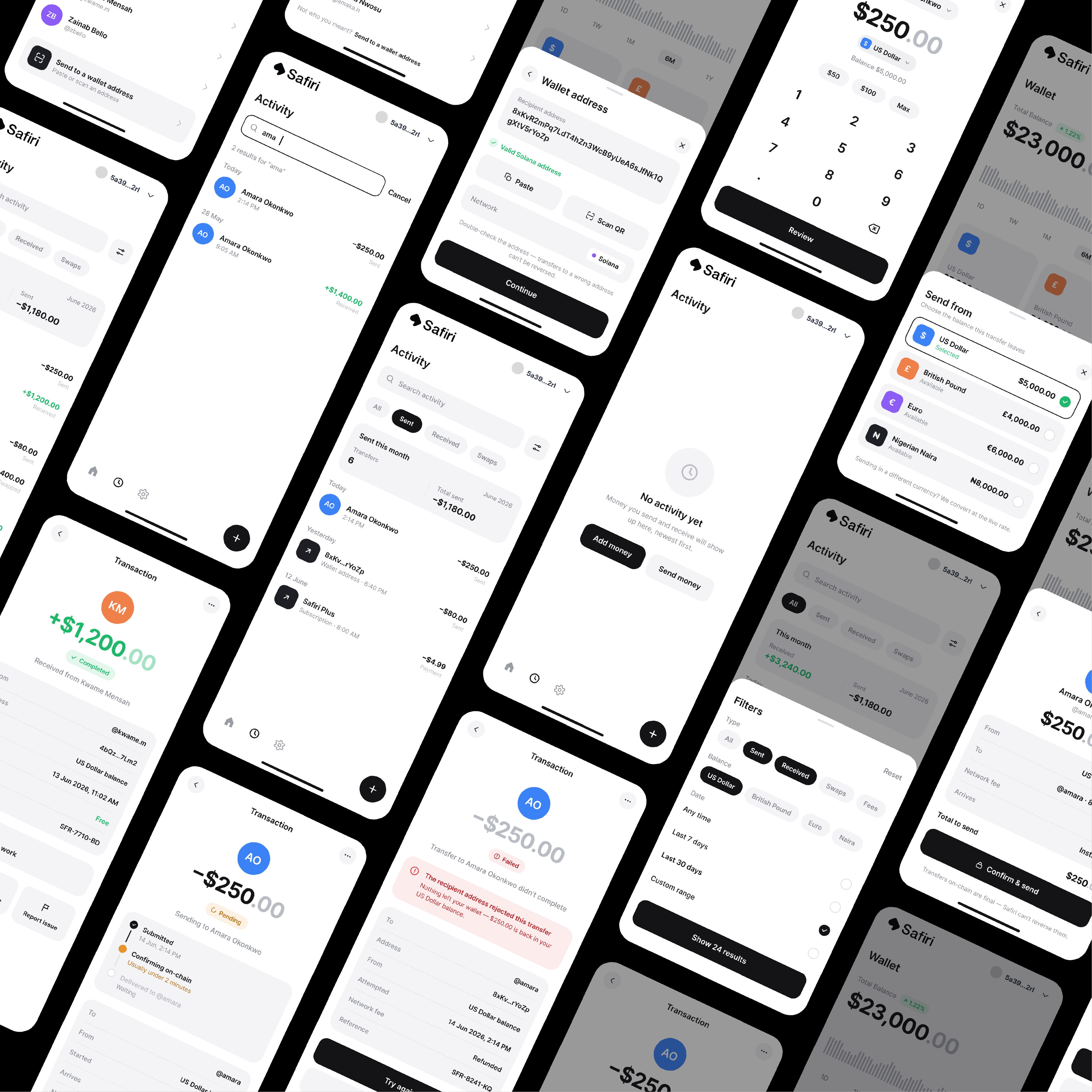 App screens arranged isometrically — balances, activity, transfer amount and filters.