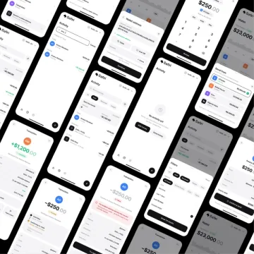 App screens arranged isometrically — balances, activity, transfer amount and filters.