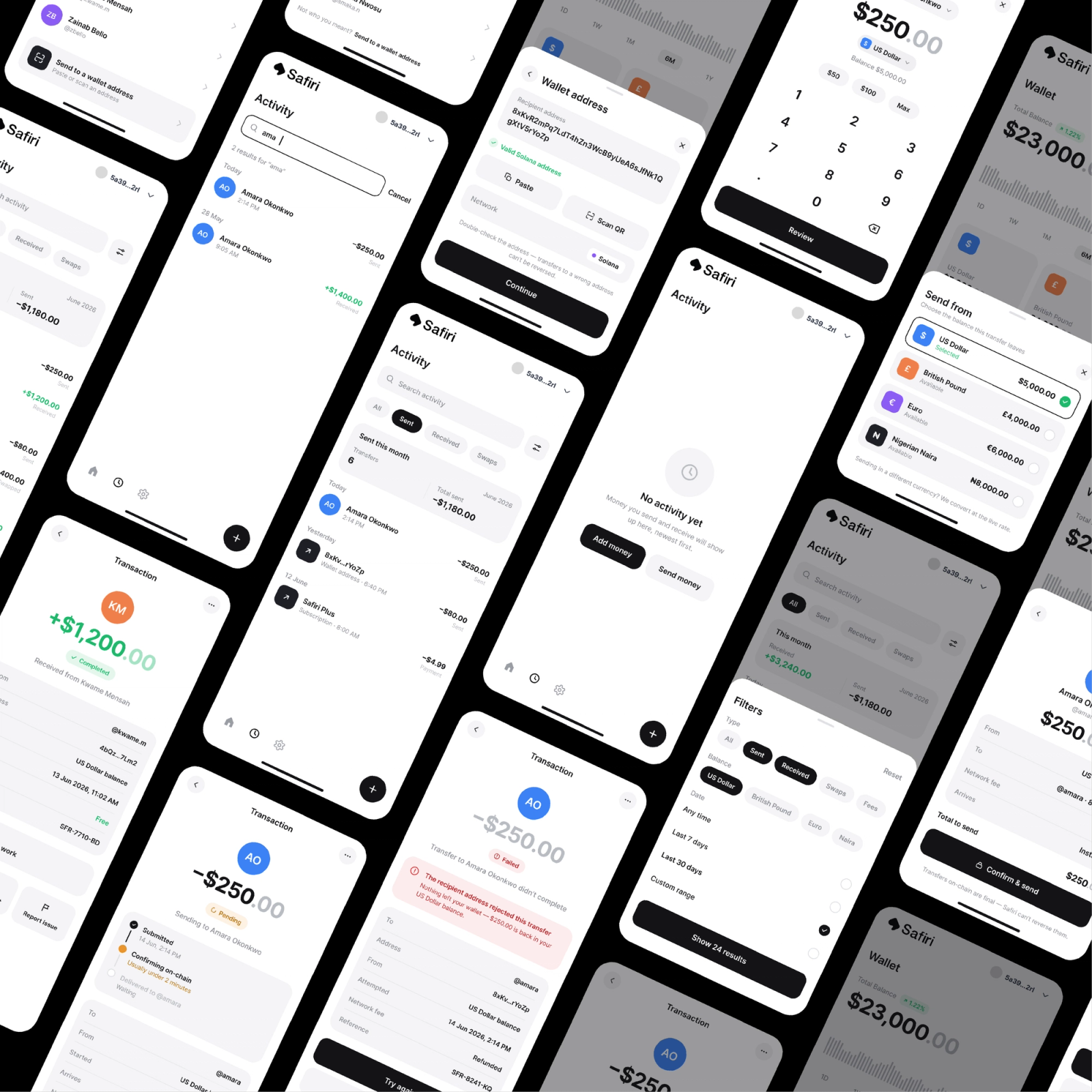 App screens arranged isometrically — balances, activity, transfer amount and filters.
