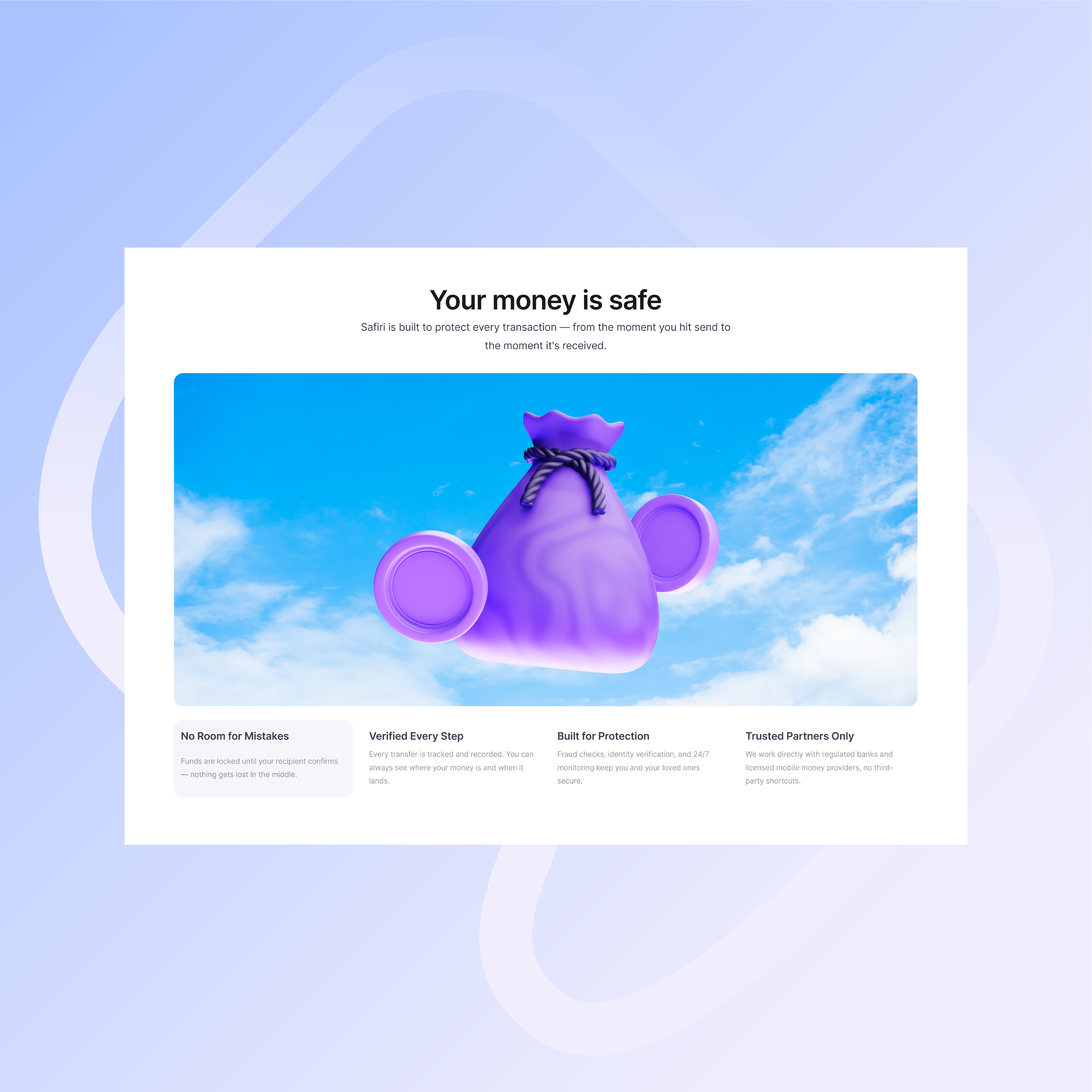 Site section titled Your money is safe, with the 3D money bag in a cloudy sky.