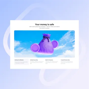 Site section titled Your money is safe, with the 3D money bag in a cloudy sky.