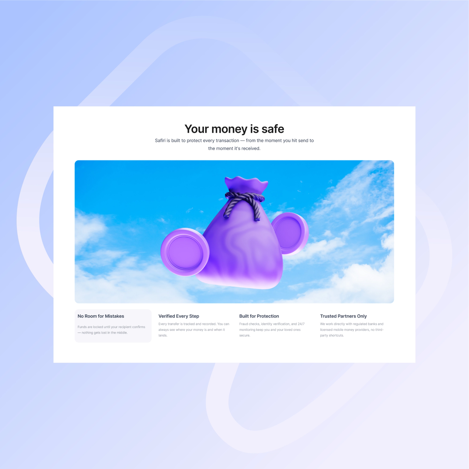 Site section titled Your money is safe, with the 3D money bag in a cloudy sky.