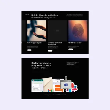 Two page sections: Built for financial institutions, with its human approval gates and identity cards, above the rewards-programme channel section.