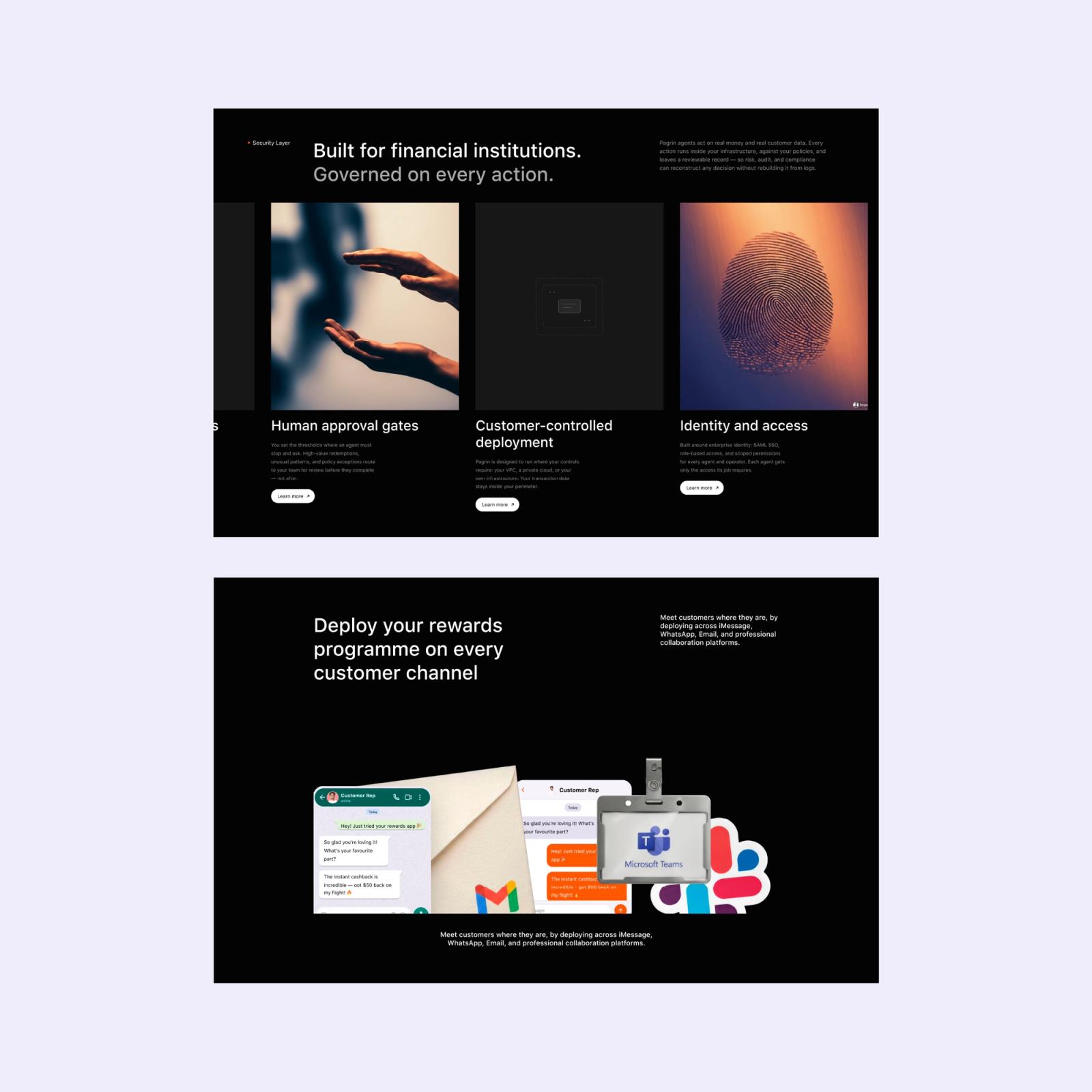 Two page sections: Built for financial institutions, with its human approval gates and identity cards, above the rewards-programme channel section.