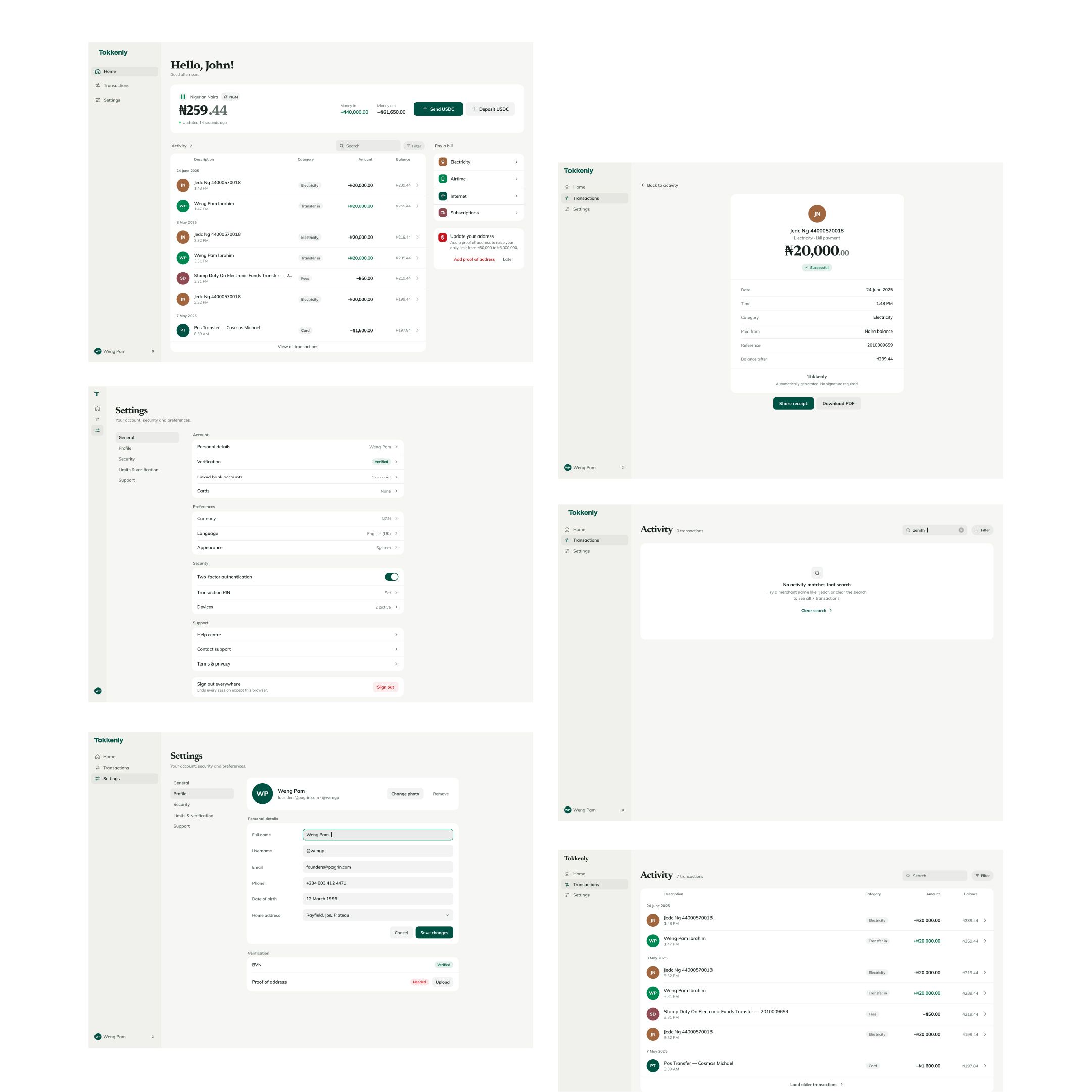 Web app screens: dashboard, settings, receipt and empty states.