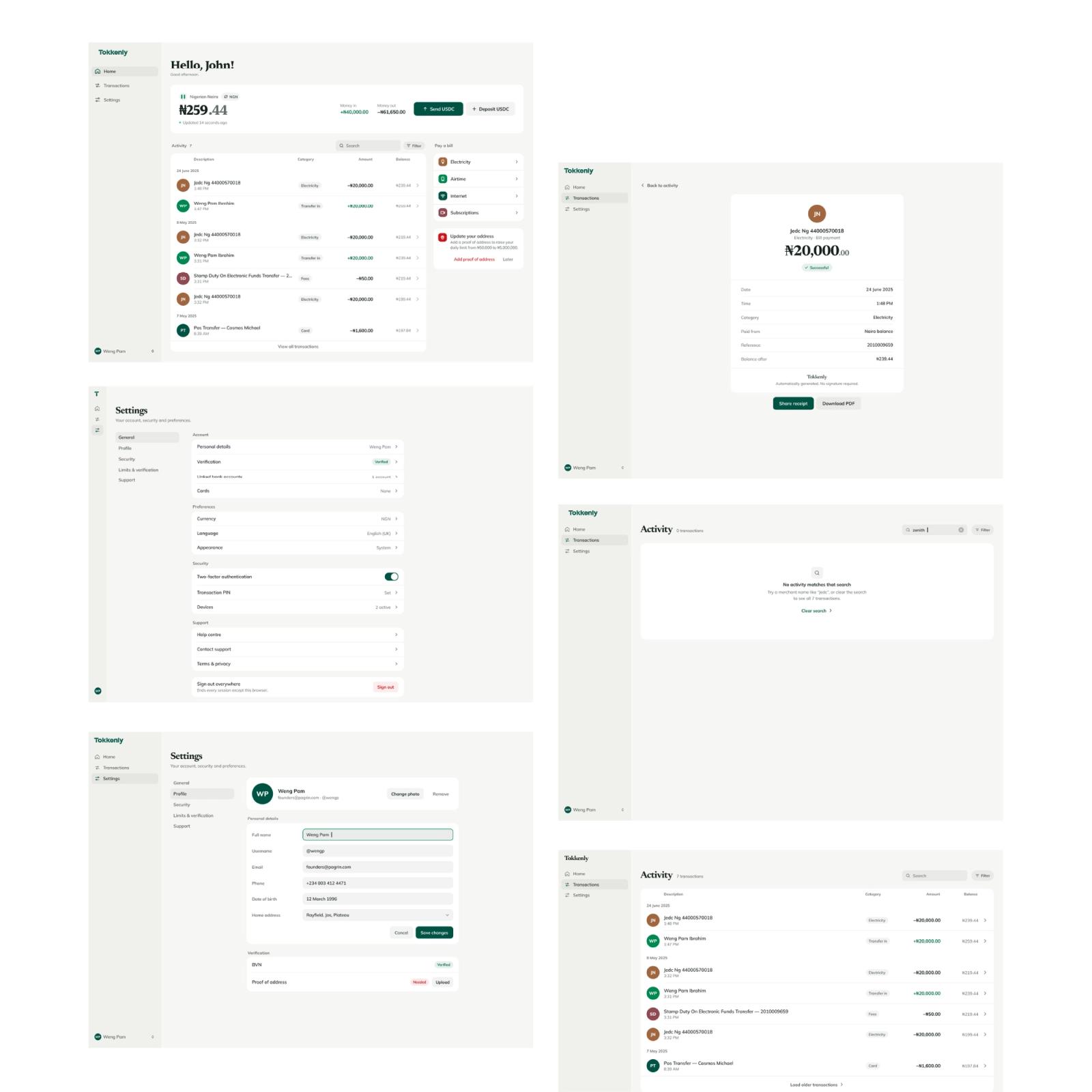 Web app screens: dashboard, settings, receipt and empty states.