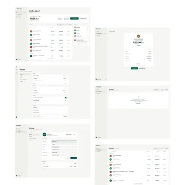 Web app screens: dashboard, settings, receipt and empty states.