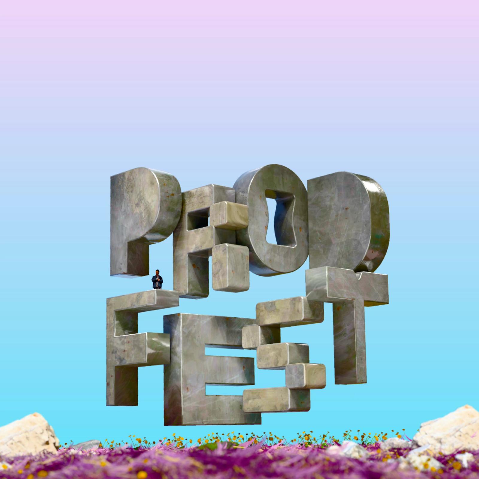 PRODFEST spelled in giant 3D stone letters against a pale lilac sky, a small figure standing at their base.