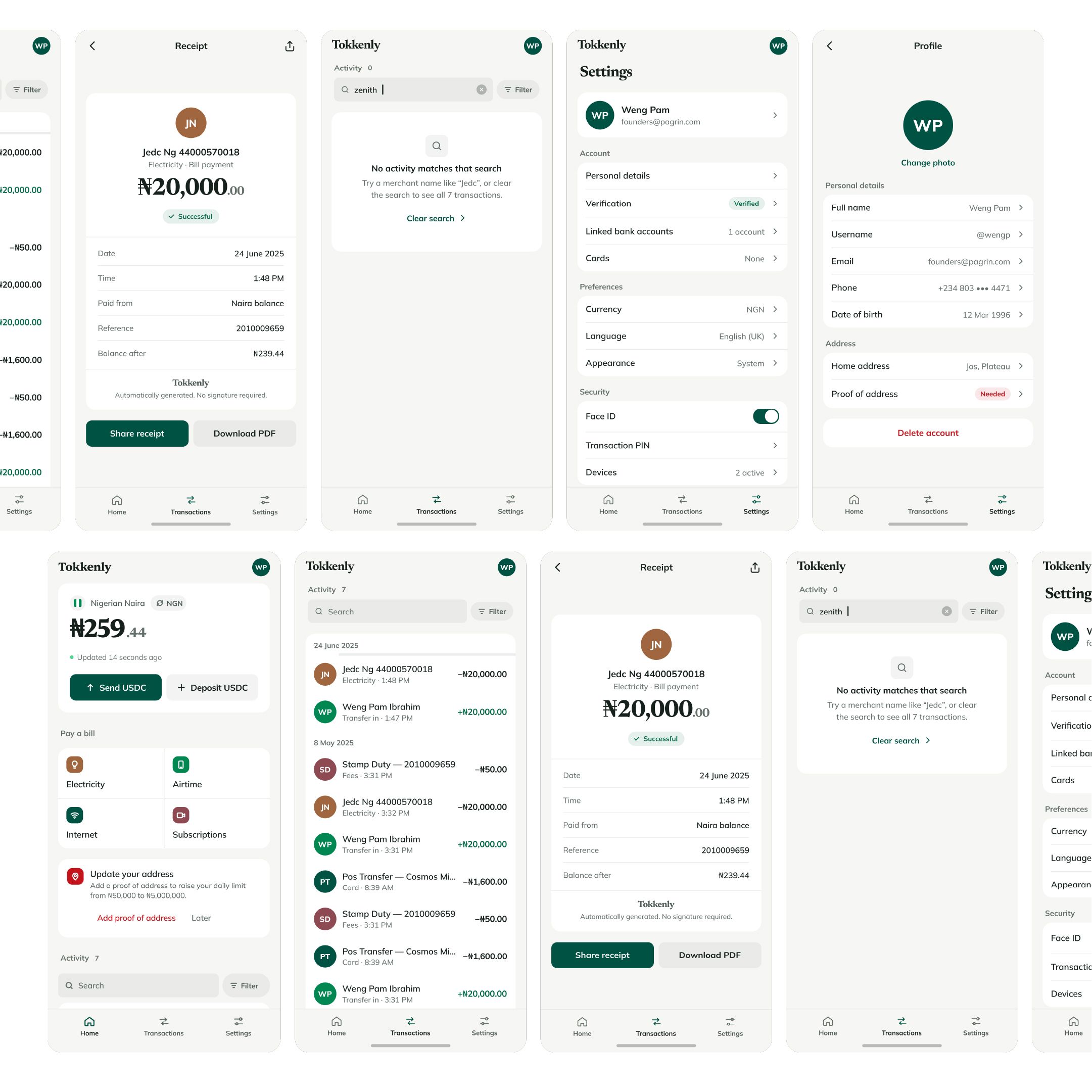 The mobile screen set — receipt, activity, settings and profile.