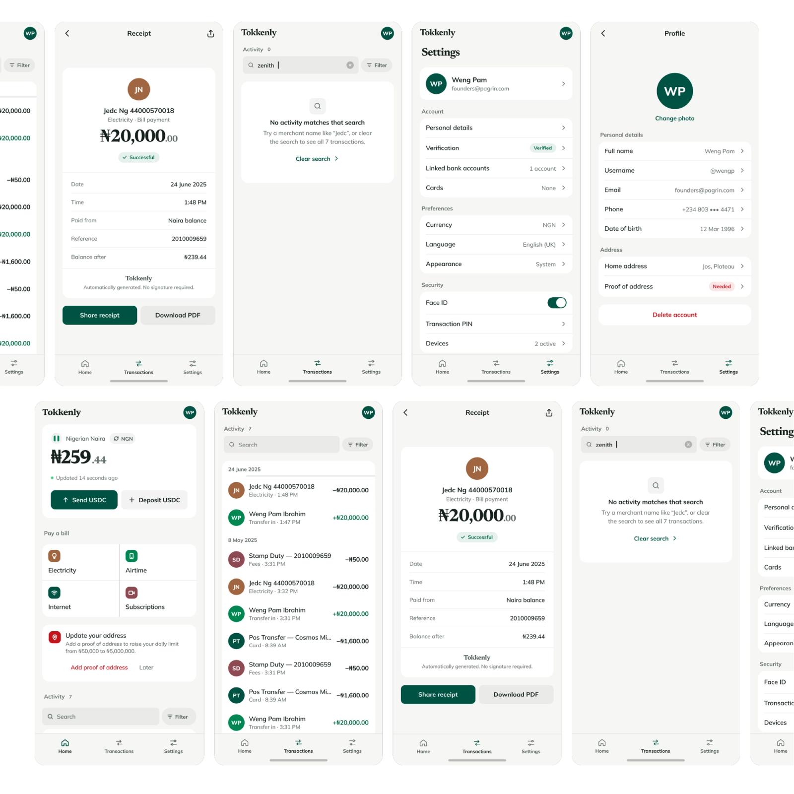 The mobile screen set — receipt, activity, settings and profile.