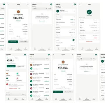 The mobile screen set — receipt, activity, settings and profile.