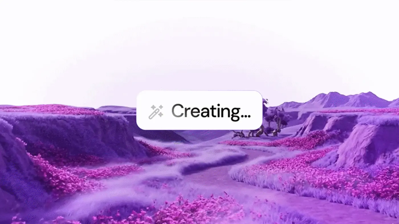 A purple AI-generated landscape with a Creating… prompt chip at its centre.