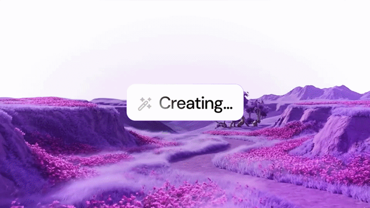 A purple AI-generated landscape with a Creating… prompt chip at its centre.