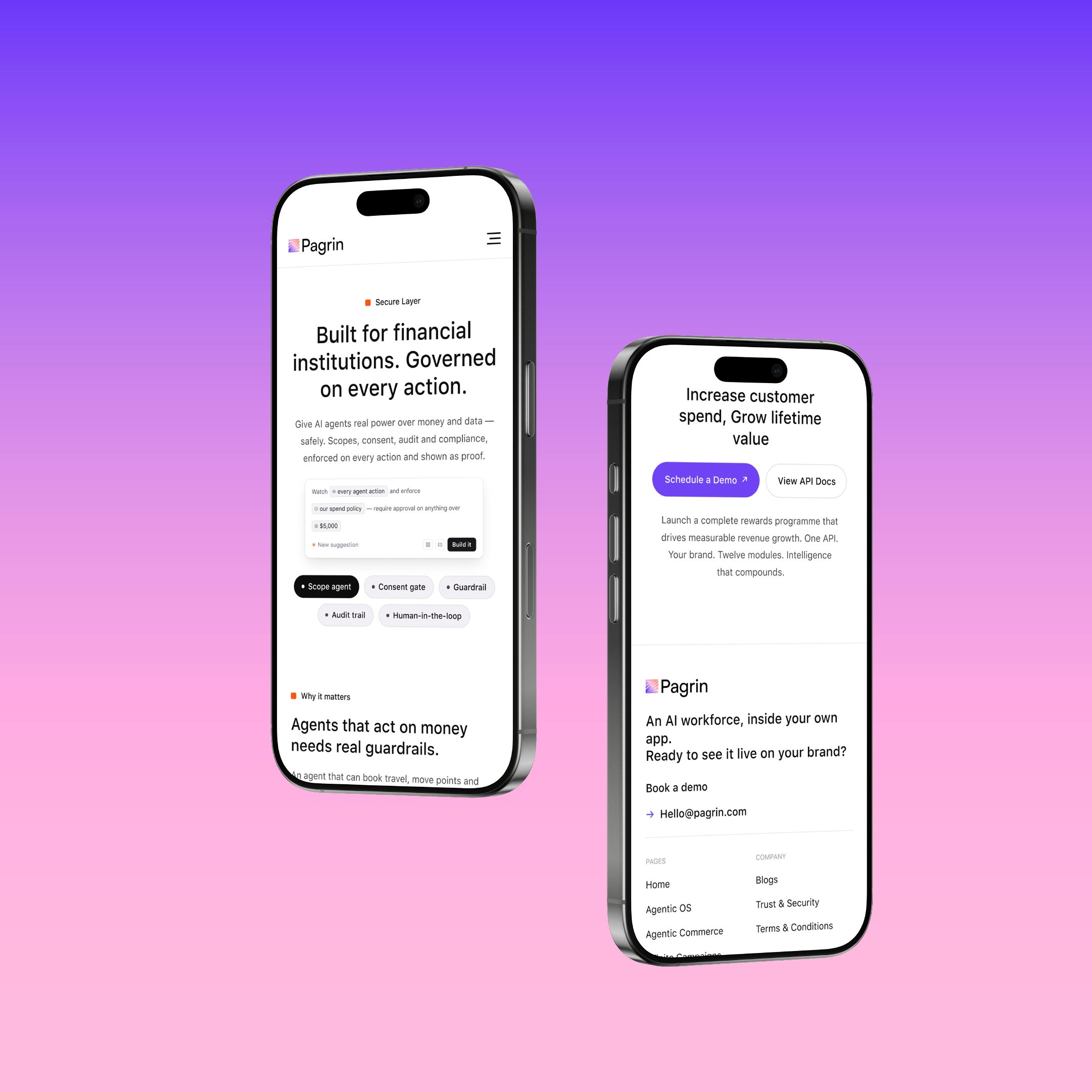 Two phones on a purple gradient showing the site's mobile layout.