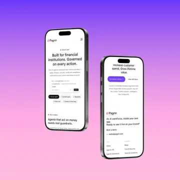 Two phones on a purple gradient showing the site's mobile layout.