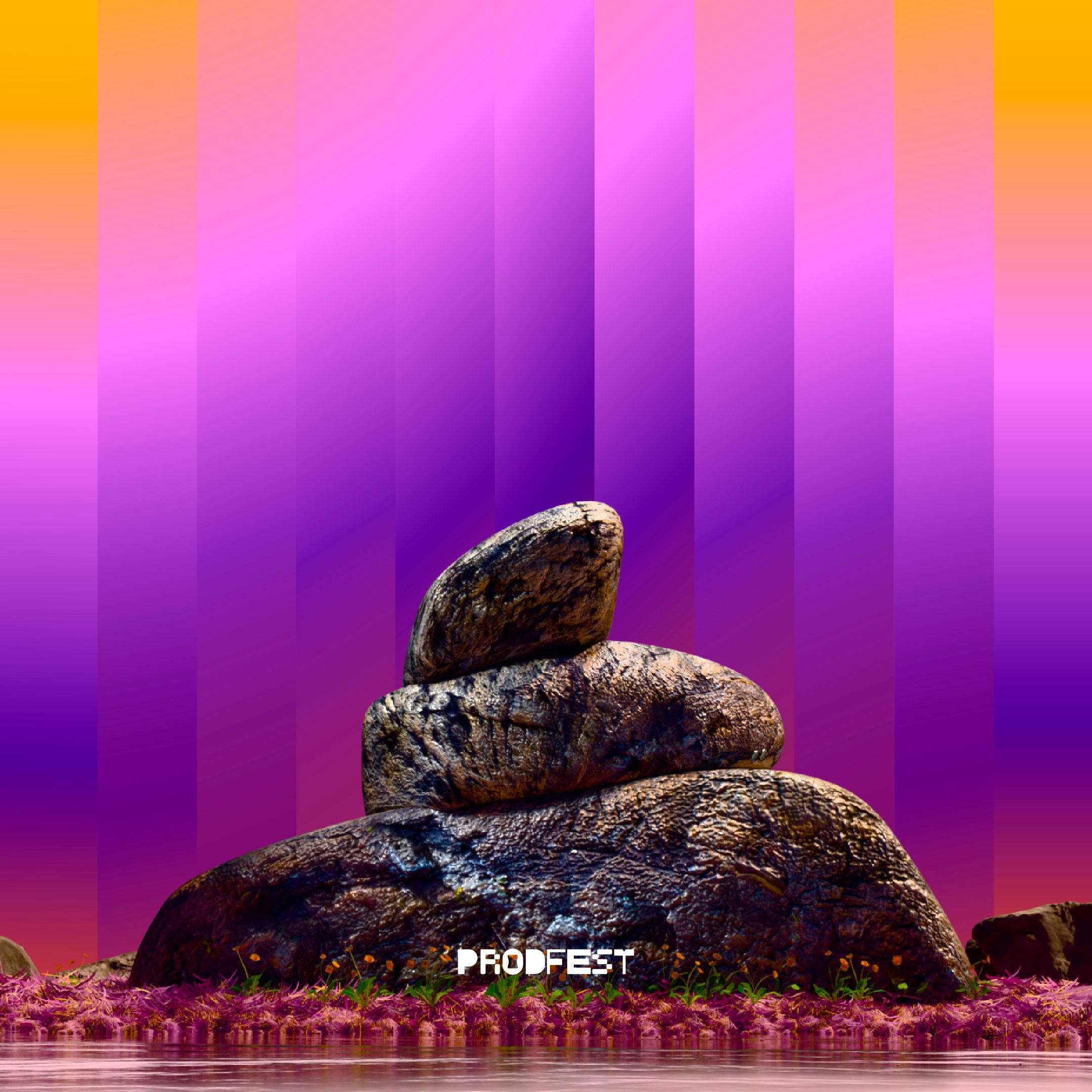 Poster art: stacked 3D boulders on a magenta and orange gradient, the ProdFest wordmark beneath.