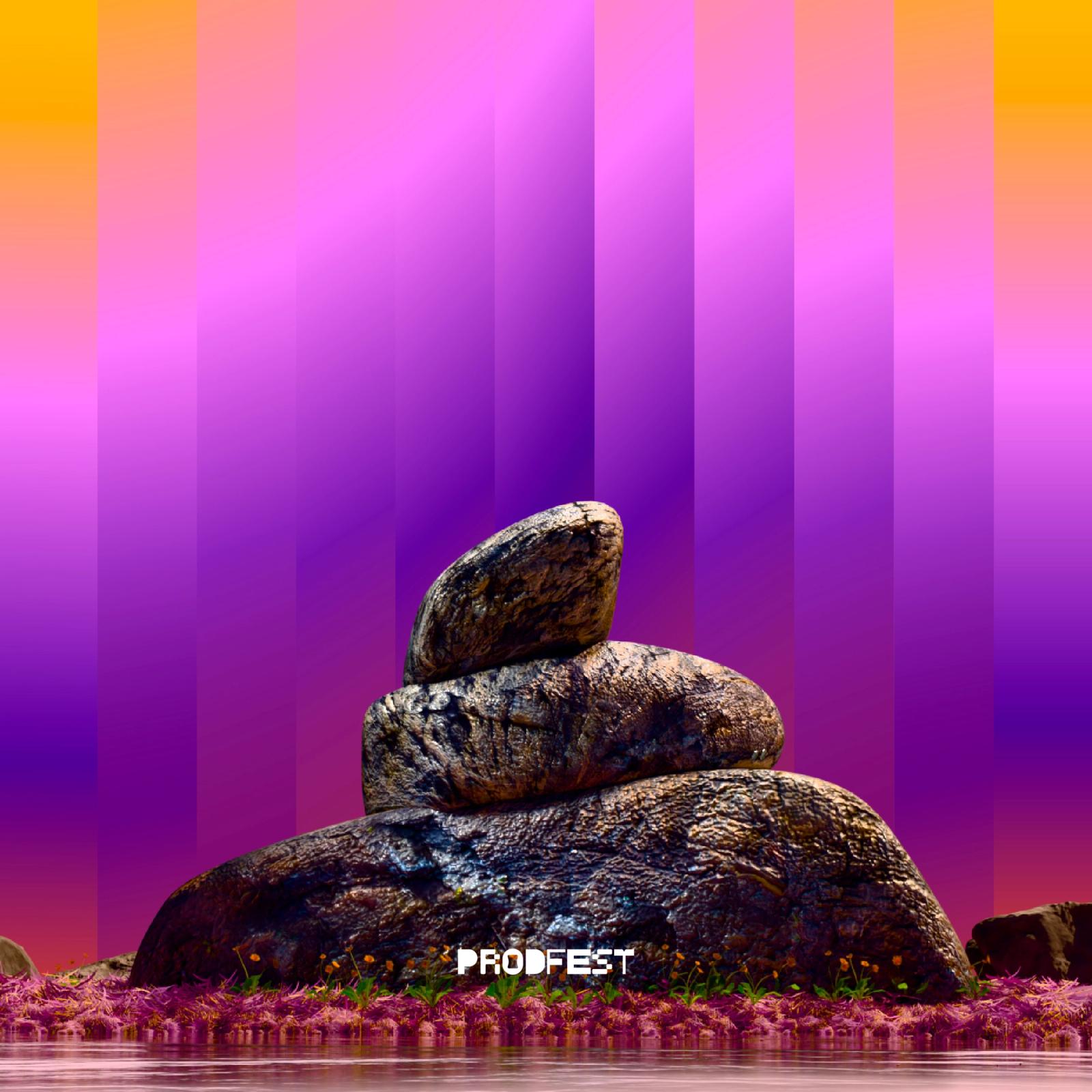 Poster art: stacked 3D boulders on a magenta and orange gradient, the ProdFest wordmark beneath.