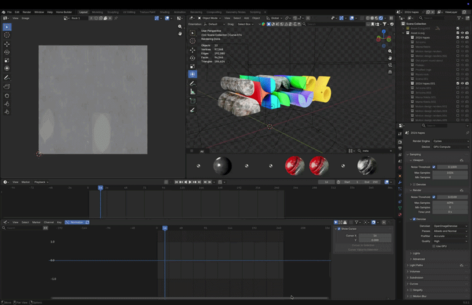 The Blender viewport with the film's coloured logo forms mid-build.