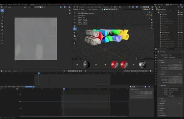 The Blender viewport with the film's coloured logo forms mid-build.