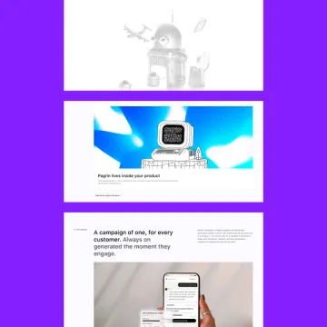Illustrated sections on purple: the robot hero, Pagrin lives inside your product, and A campaign of one, for every customer.