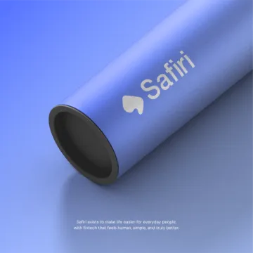 Branded packaging tube in blue carrying the Safiri logotype.