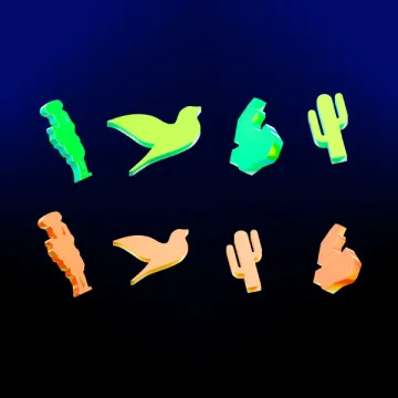 Eight glowing 3D icons — figure, bird, hand and cactus — in green and orange on navy.