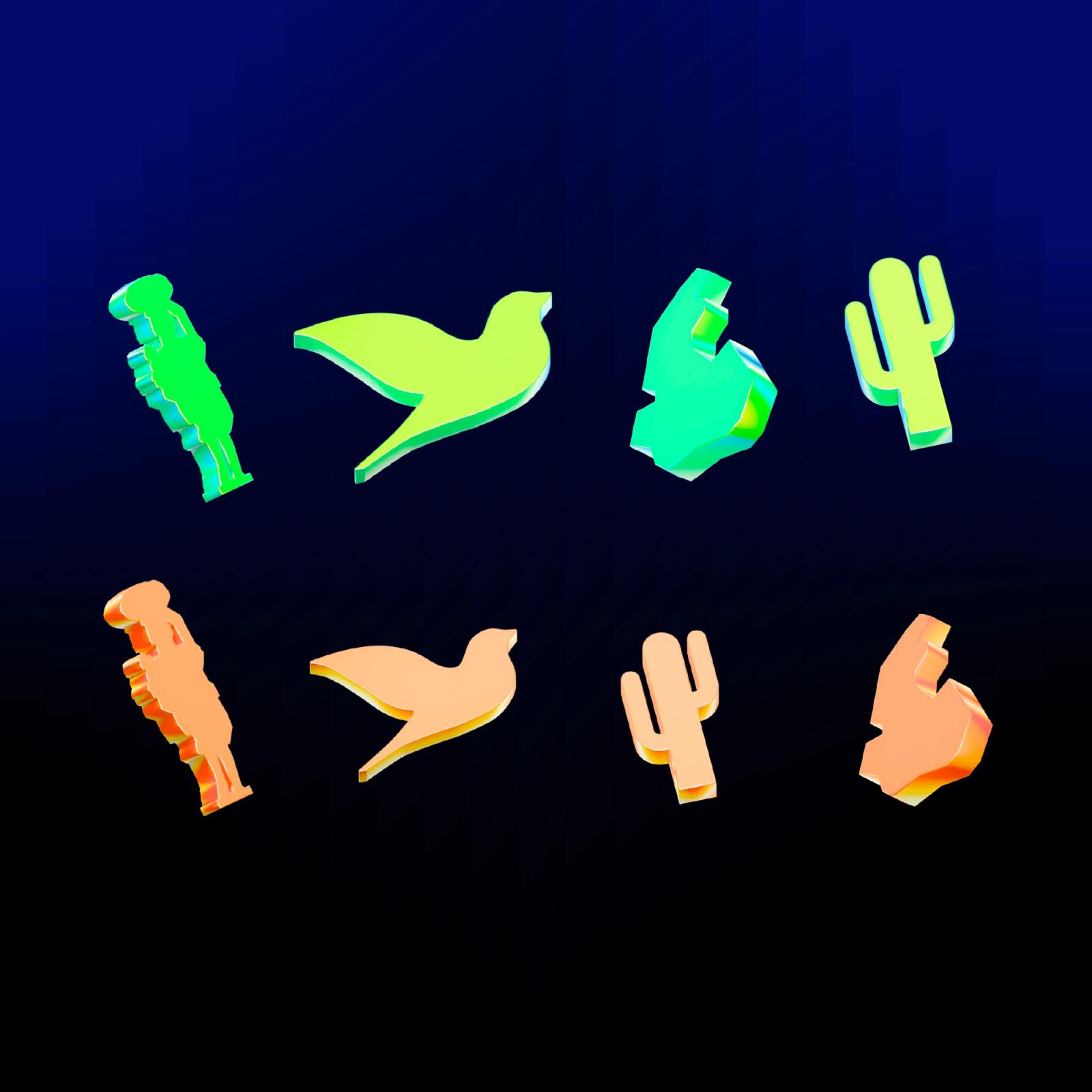 Eight glowing 3D icons — figure, bird, hand and cactus — in green and orange on navy.