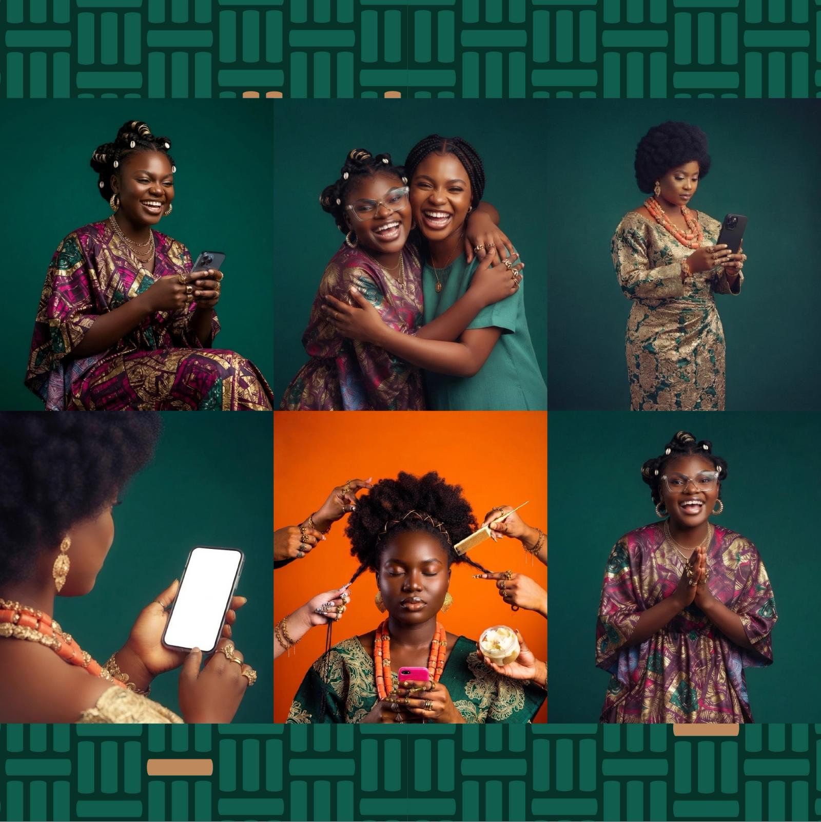 Photography grid of customers using the app against a green patterned backdrop.