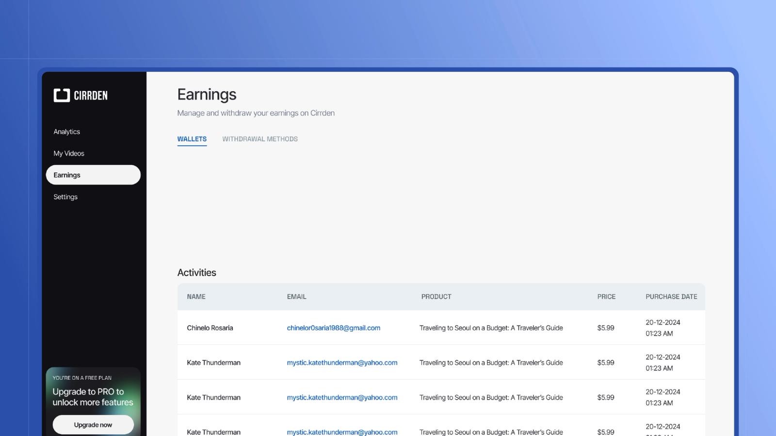 The Cirrden earnings dashboard listing sales and payouts.