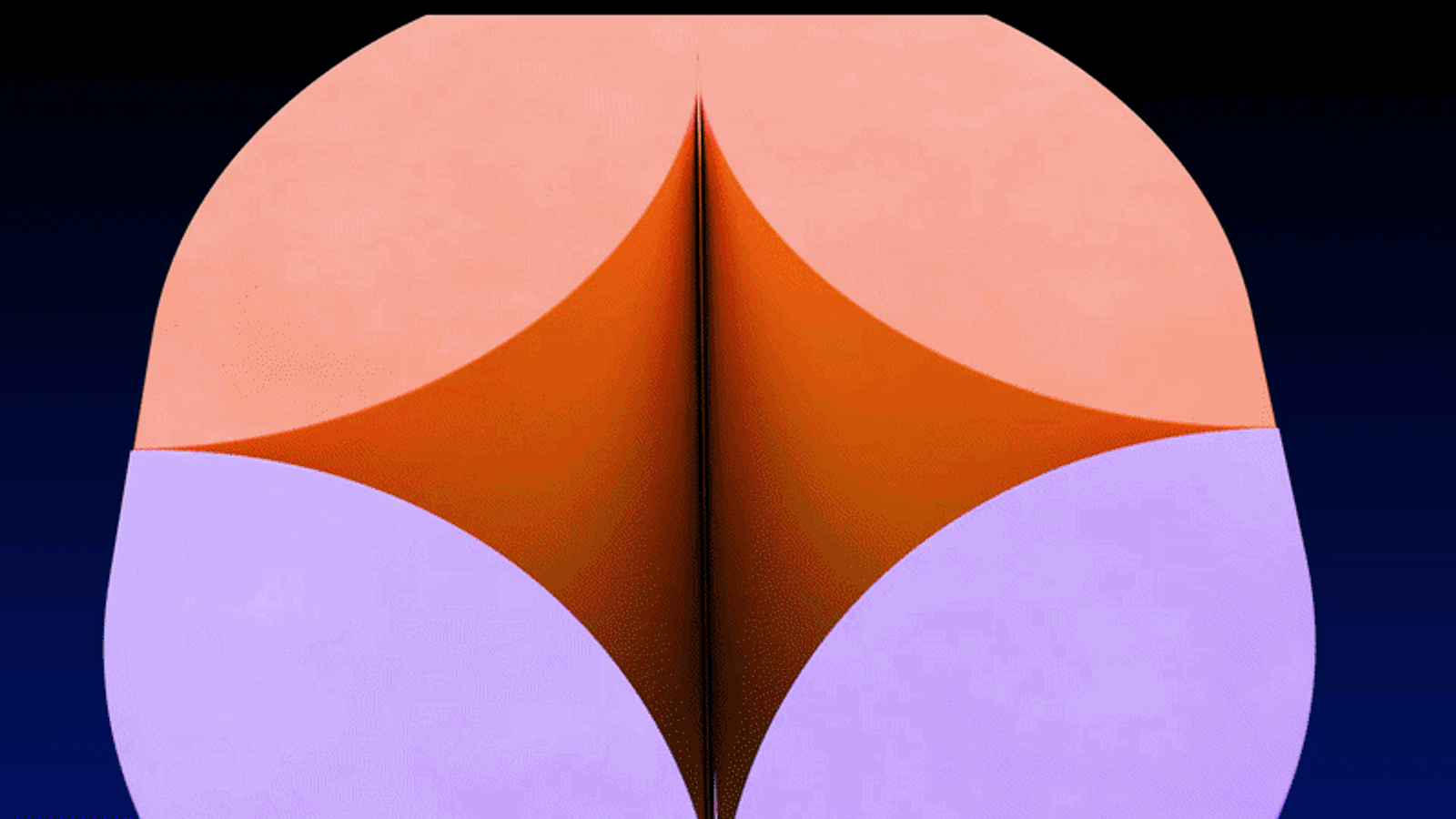 Abstract frame — peach and lilac curves meeting around a dark orange spine.
