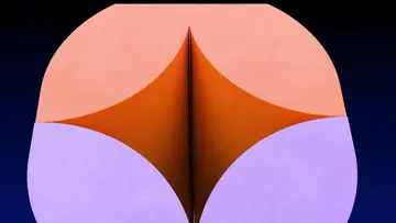 Abstract frame — peach and lilac curves meeting around a dark orange spine.