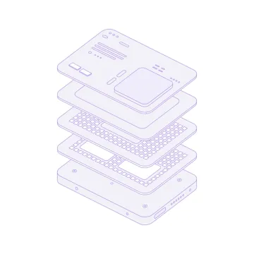 Exploded isometric illustration of stacked device layers in pale purple line work.