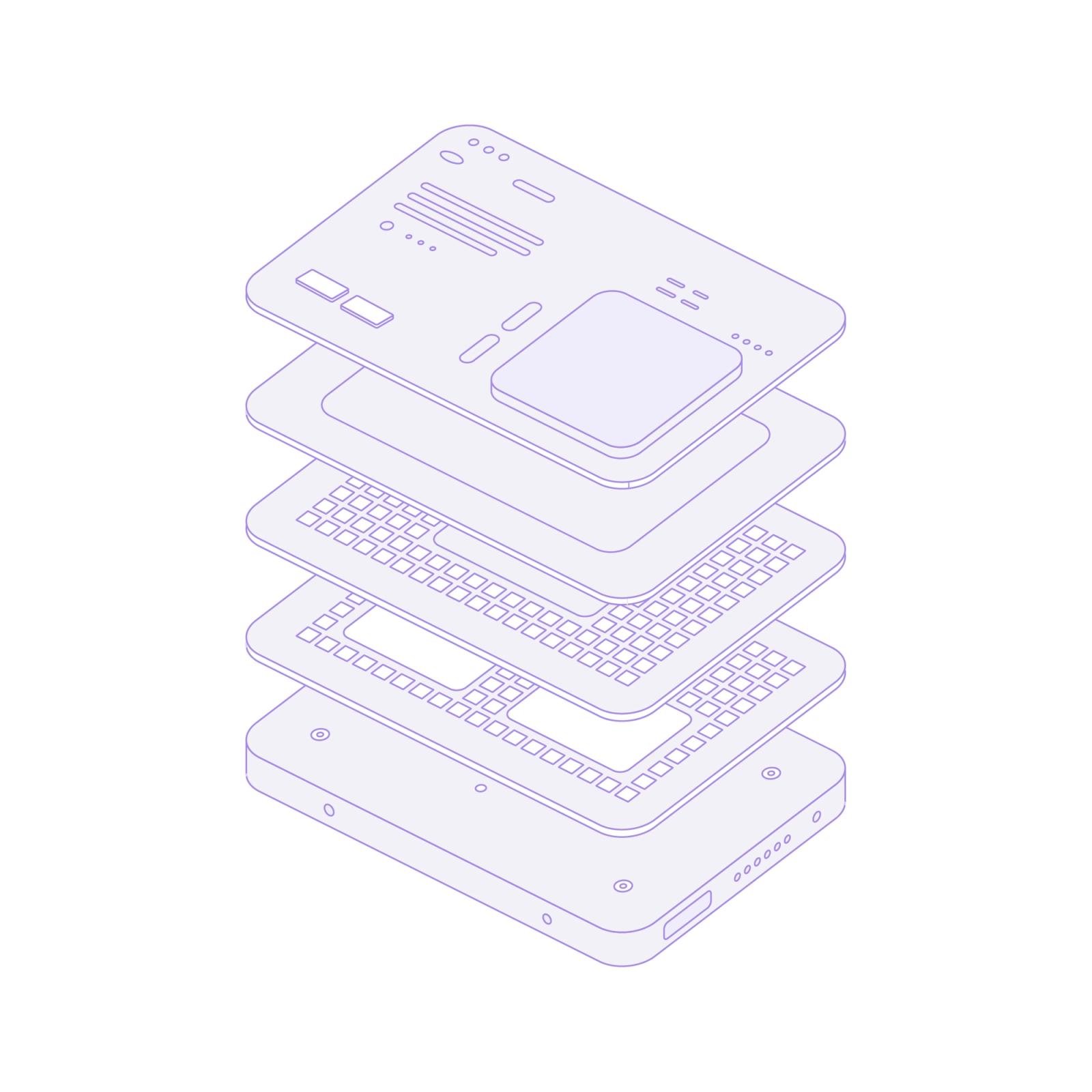 Exploded isometric illustration of stacked device layers in pale purple line work.